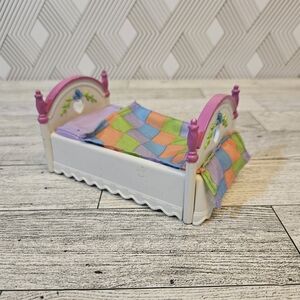 Fisher Price Loving Family Dollhouse Twin Boing Pink Bed Checker Blanket Rare